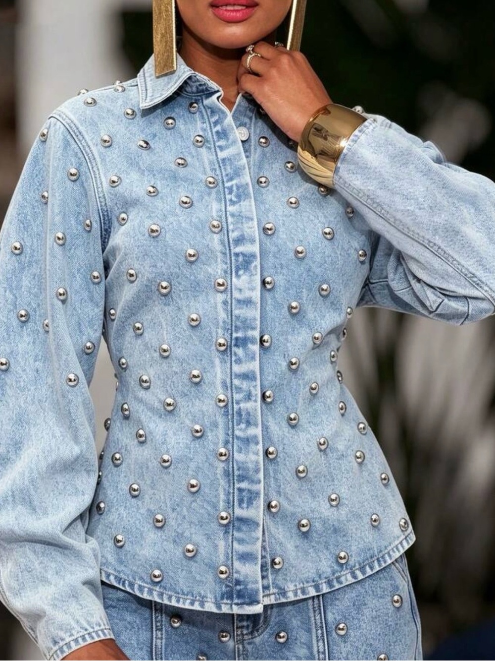 SHEIN Light Blue Studded Denim Shirt Jacket